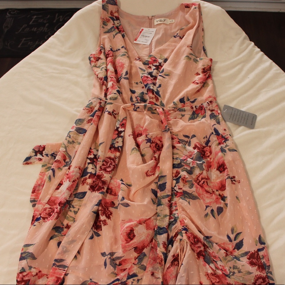 Eliza J Floral Ruched Chiffon Faux Wrap Dress